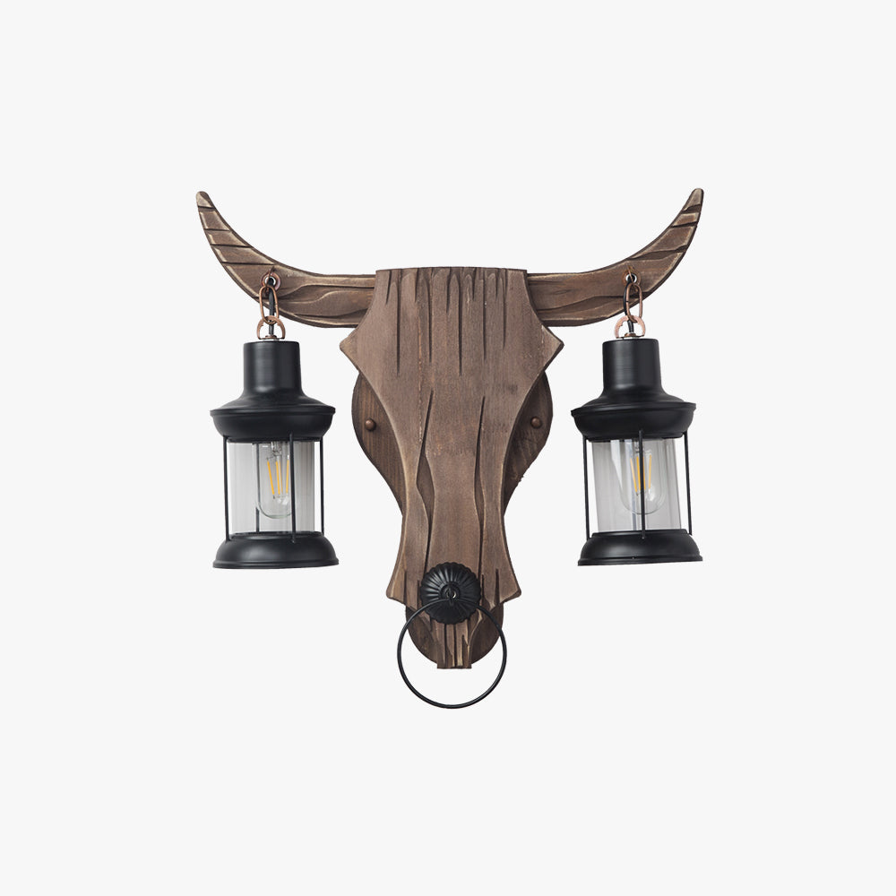 Joperun Wall Lamp Bull Shape Vintage, 2 Heads Wood/Metal, Bedroom