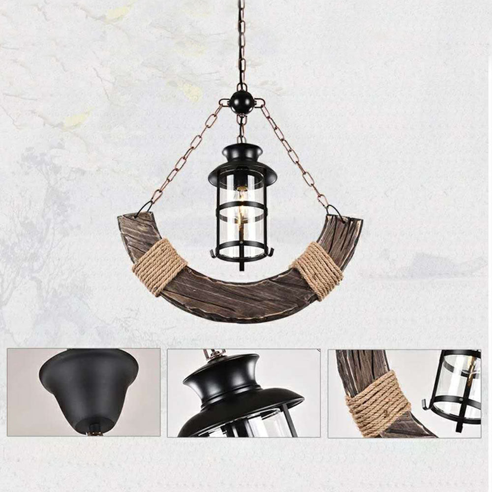 Vubunel Retro Rustic Arc Metal/Wood Lantern Glass Pendant Light