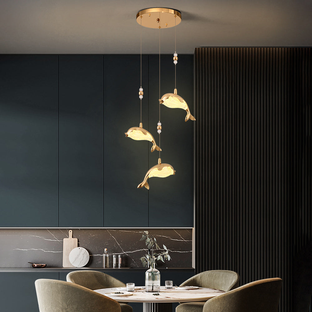 Napelur Modern Dolphin Metal Pendant Light, Gold, Metal/