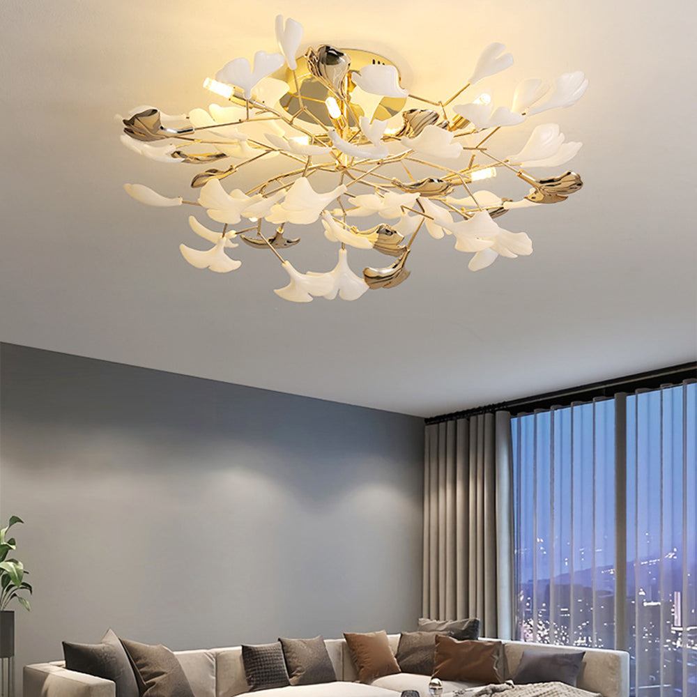 Tugikem Elegant Leaf Ceramic/Metal Flush Mount Ceiling Light, Gold
