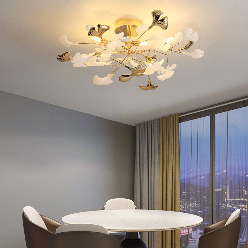 Tugikem Elegant Leaf Ceramic/Metal Flush Mount Ceiling Light, Gold