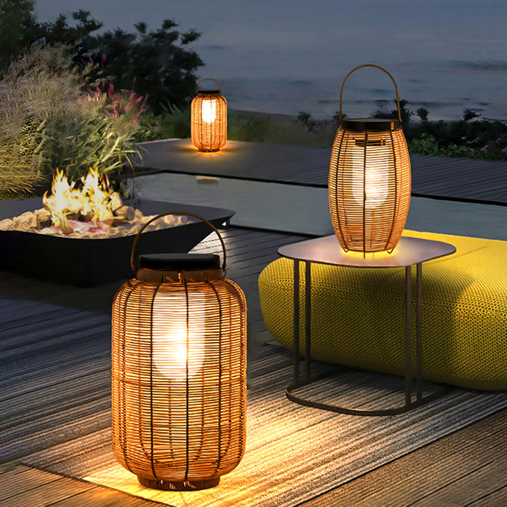 Hinasul Retro Lantern Metal/Rattan Floor Lamp, Wood Color