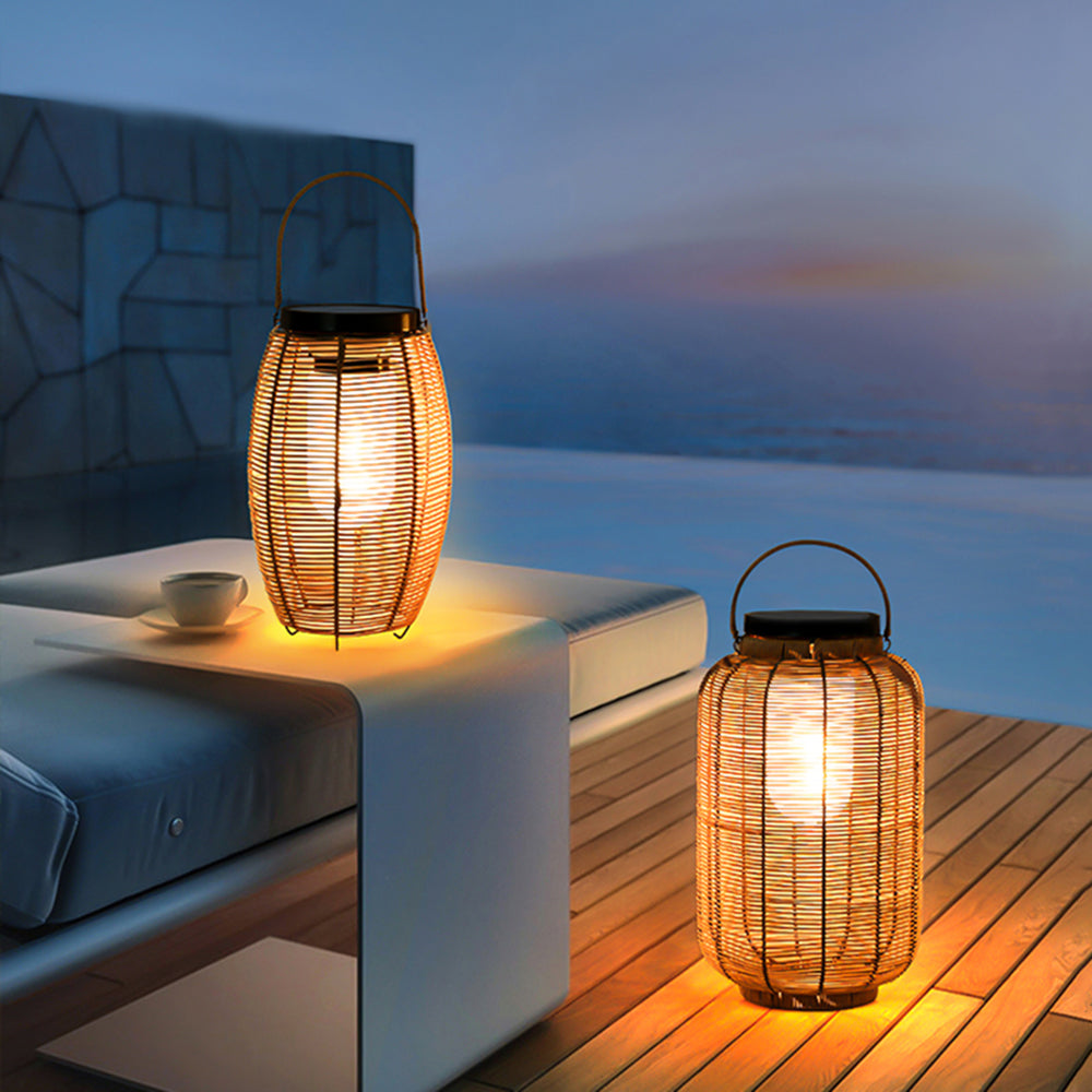 Hinasul Retro Lantern Metal/Rattan Floor Lamp, Wood Color