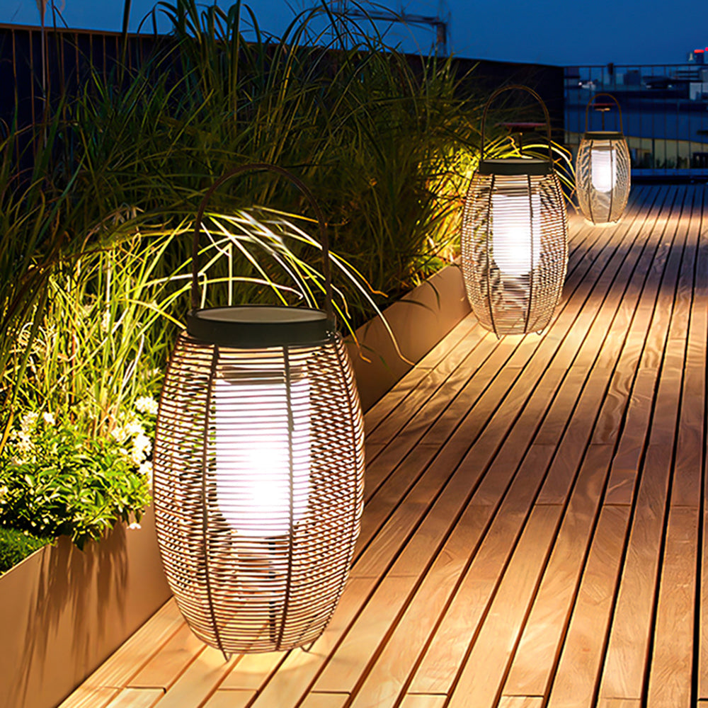 Hinasul Retro Lantern Metal/Rattan Floor Lamp, Wood Color