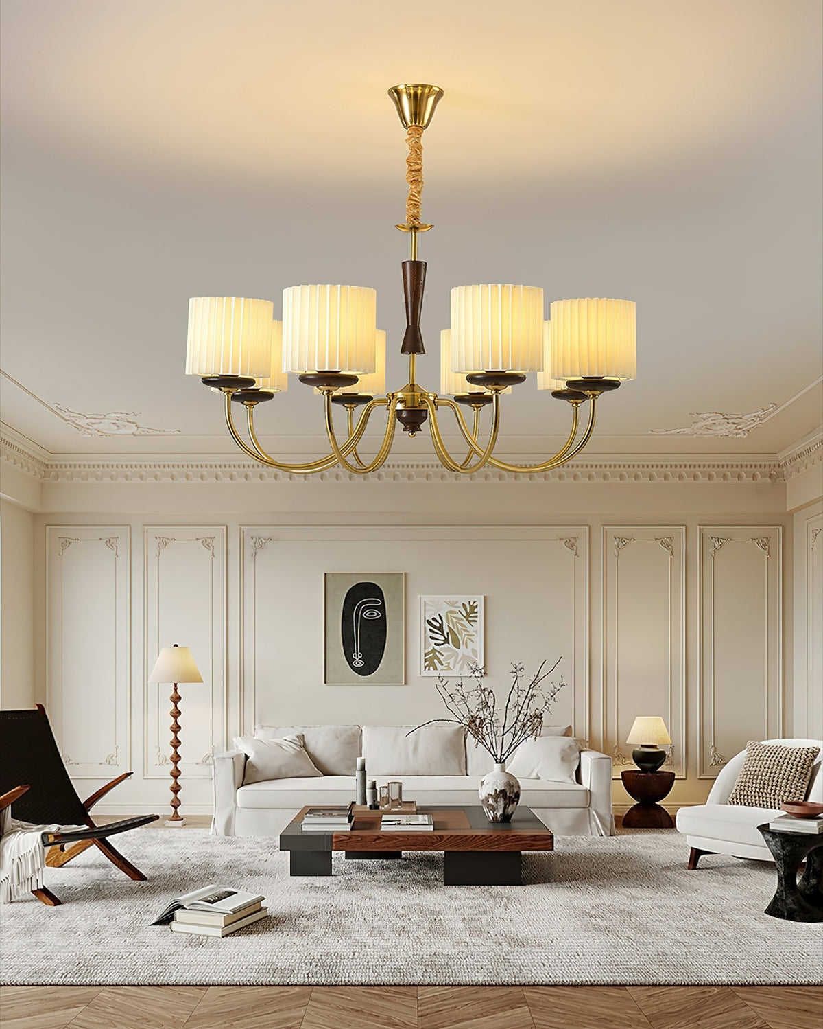Corviel Chandelier Brass Fabric Pleated Shades