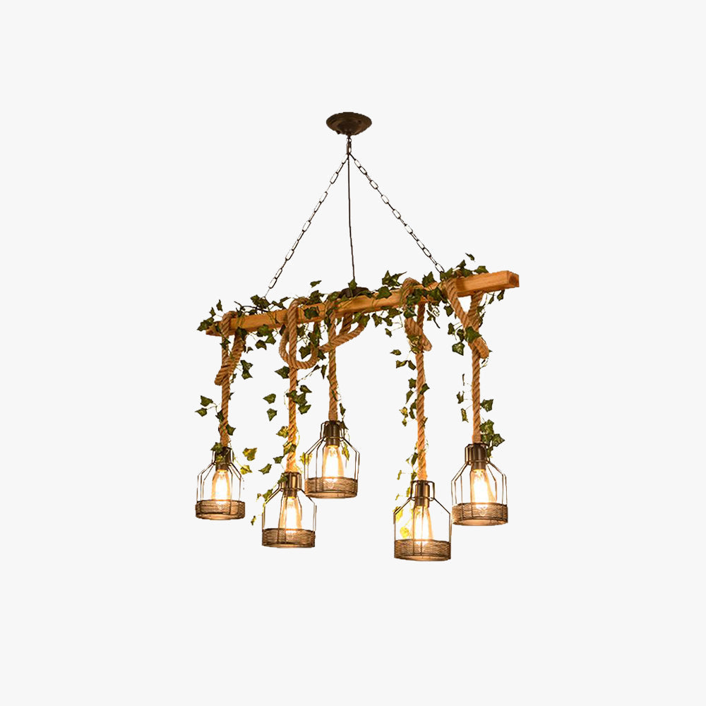 Mepenoru Caged Vintage Farmhouse Wood Beam Pendant Light 3/5 Heads
