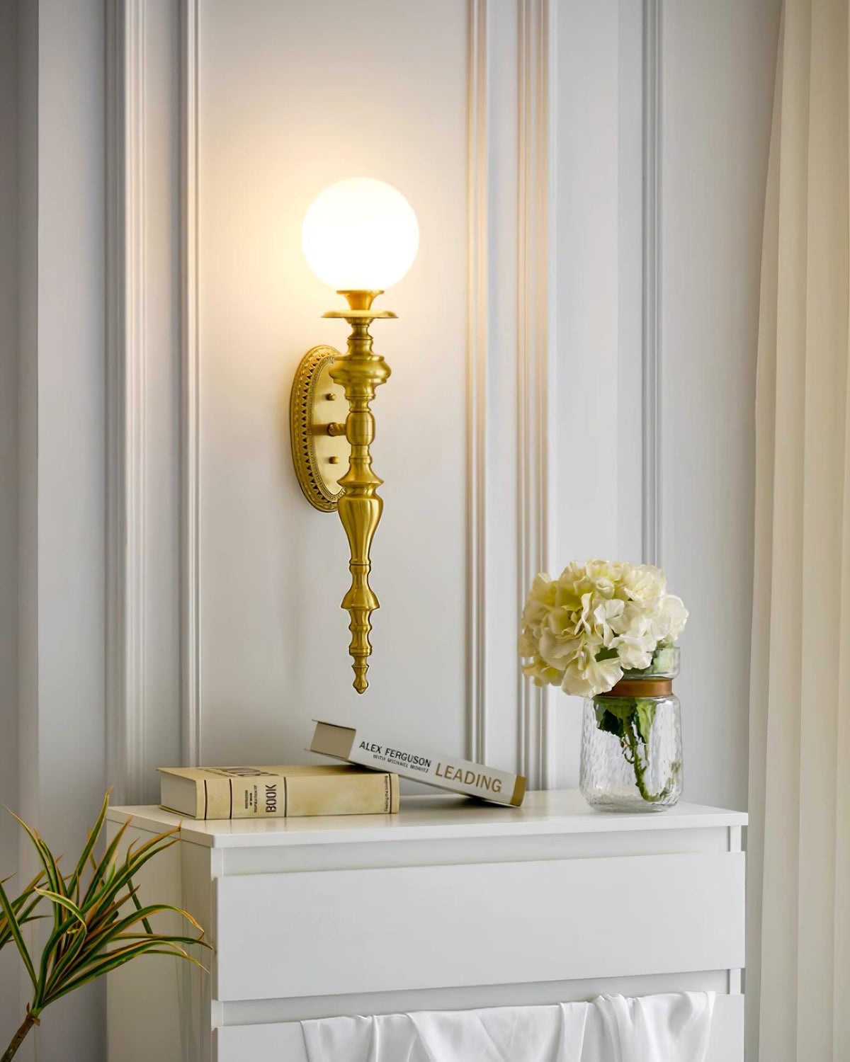 Wall Lamp Sculpted Brass Body Globe Shade Classic Elegant Statement