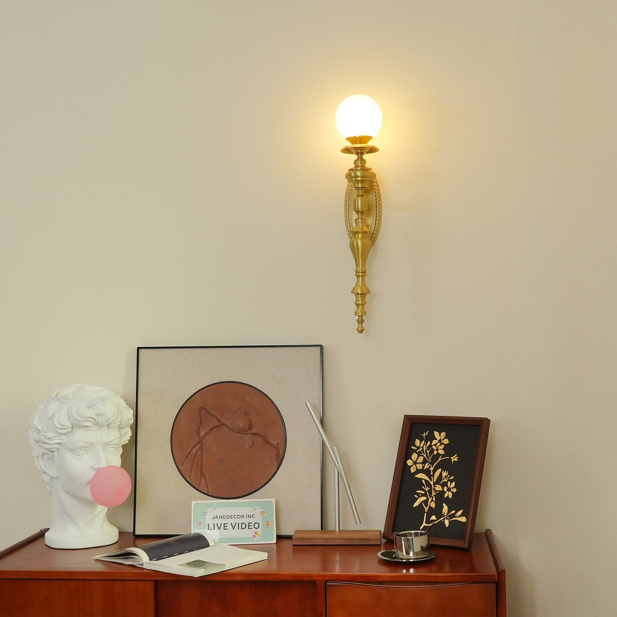 Wall Lamp Sculpted Brass Body Globe Shade Classic Elegant Statement