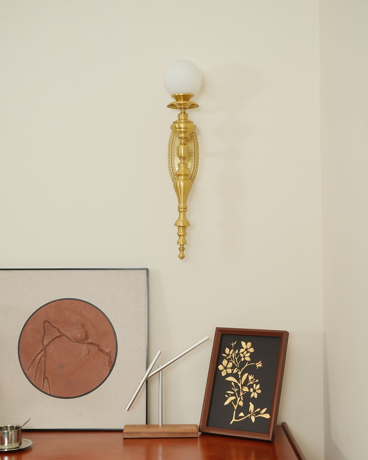 Wall Lamp Sculpted Brass Body Globe Shade Classic Elegant Statement