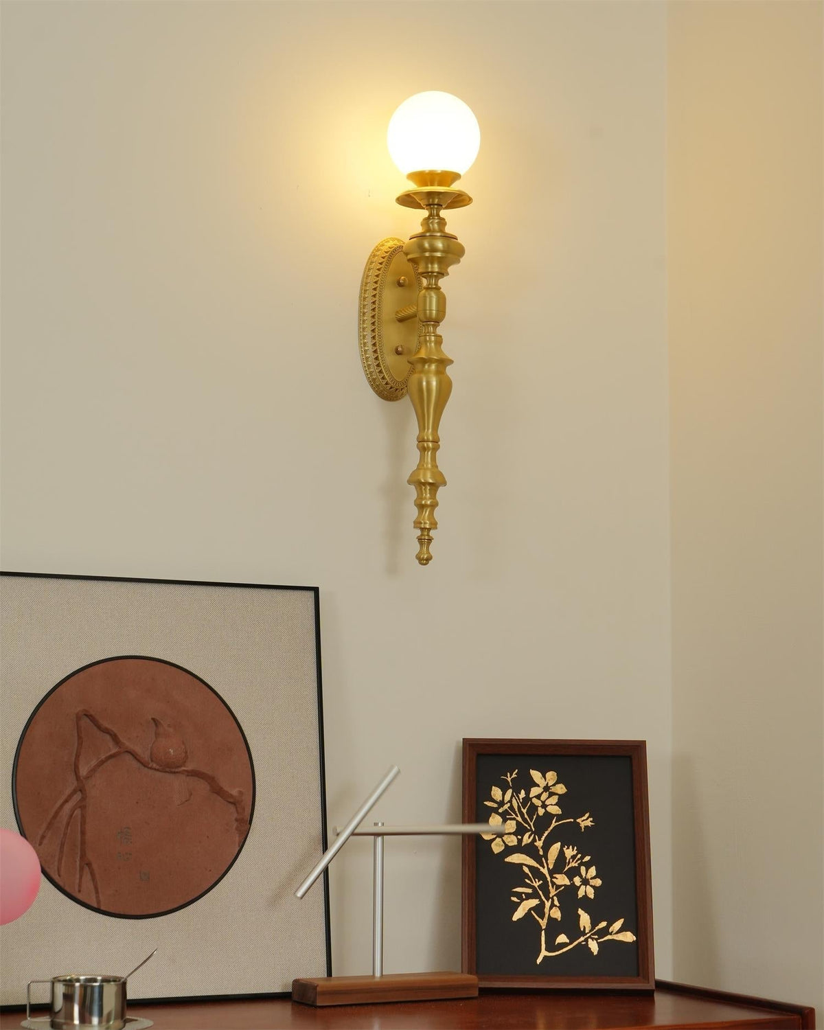 Wall Lamp Sculpted Brass Body Globe Shade Classic Elegant Statement