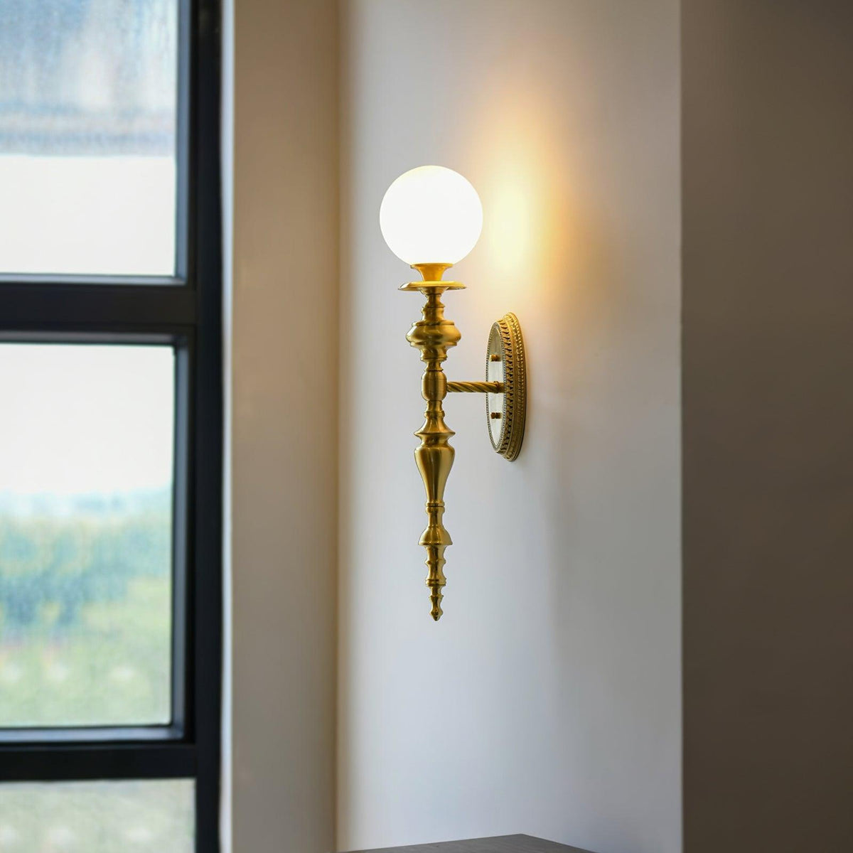 Wall Lamp Sculpted Brass Body Globe Shade Classic Elegant Statement