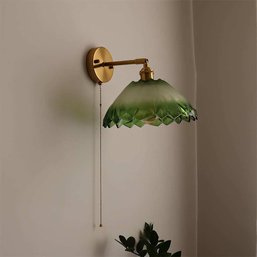 Rilo Wall Lamp Brass with Green/Clear Glass Shade and Pull Chain