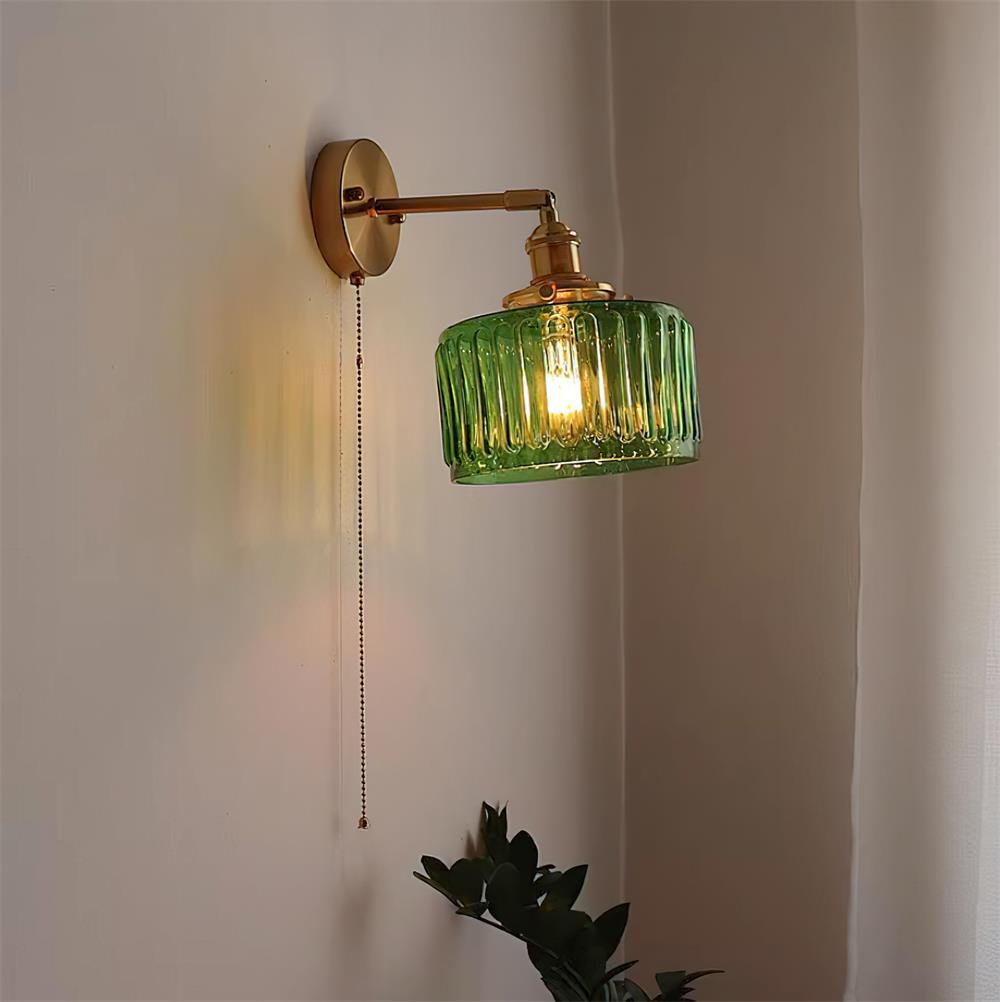 Rilo Wall Lamp Brass with Green/Clear Glass Shade and Pull Chain
