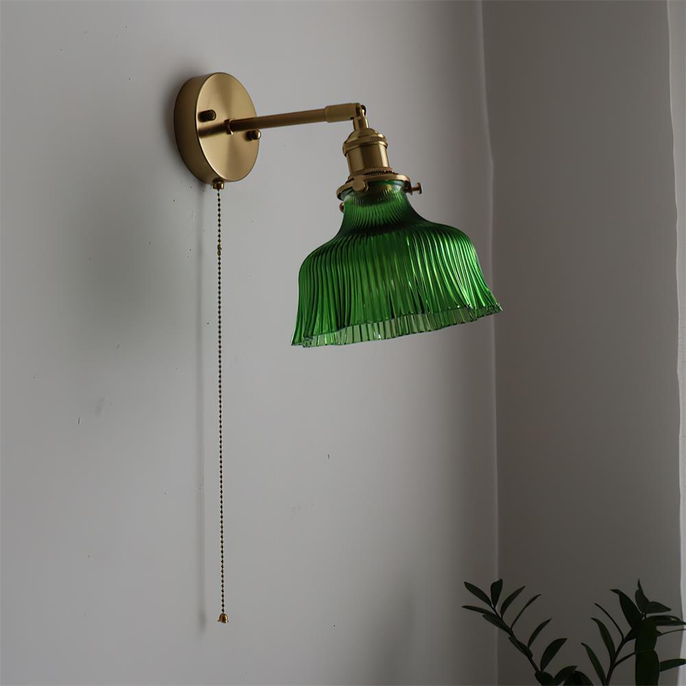 Rilo Wall Lamp Brass with Green/Clear Glass Shade and Pull Chain