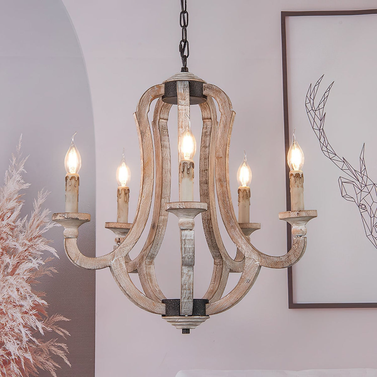 Rinoriel Vintage Industrial Hand-carved Wooden Chandelier
