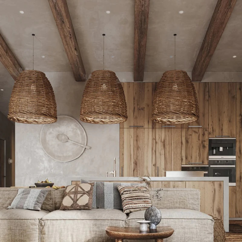 Kutegedo Vintage Rustic LED Pendant Light Rattan Living Room Bedroom