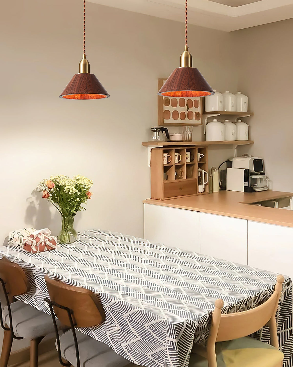 Wood Pendant Lamp Assorted Shapes in Solid Wood and Brass