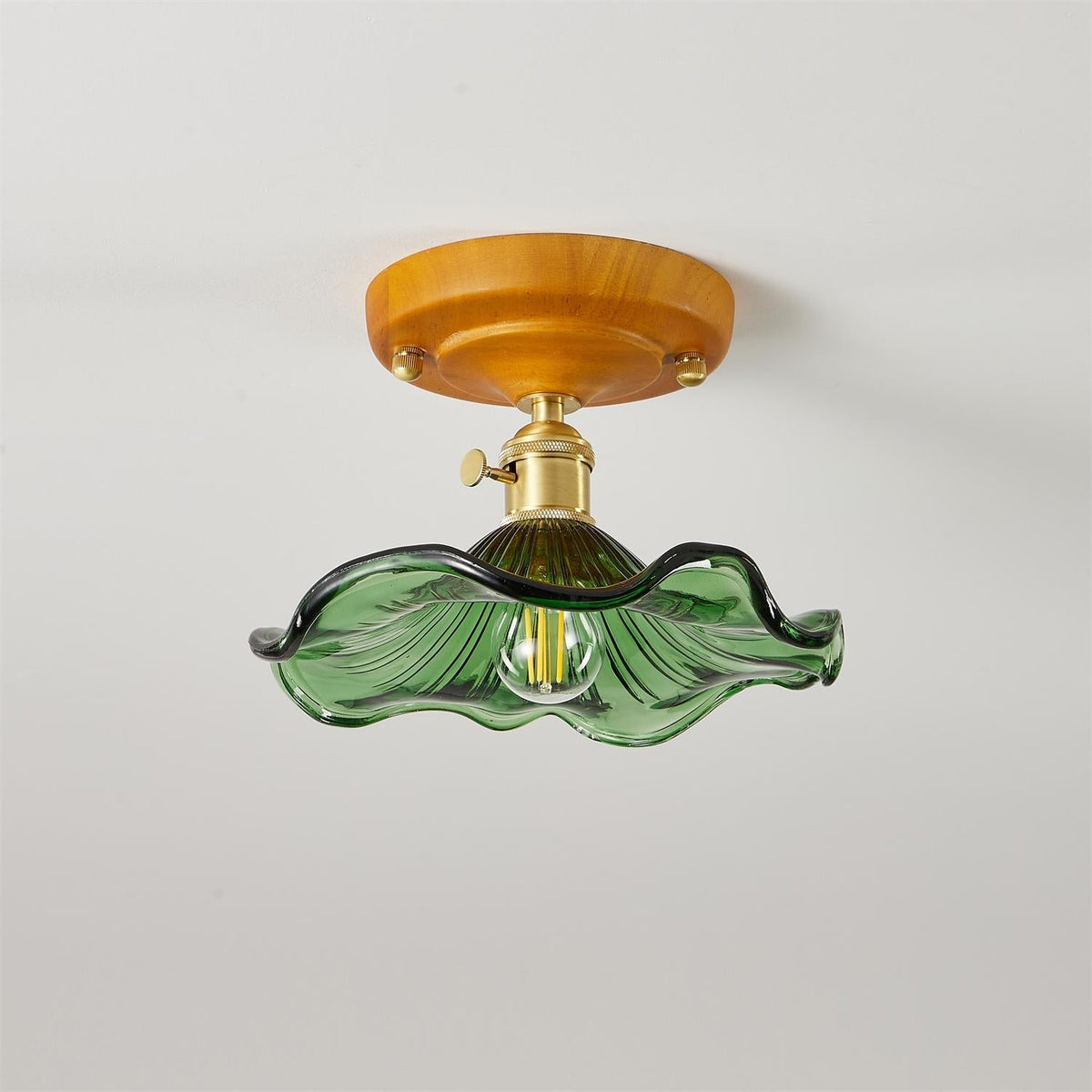 Ceiling Light Wood Canopy Brass & Glass Shade Vintage Floral Farmhouse