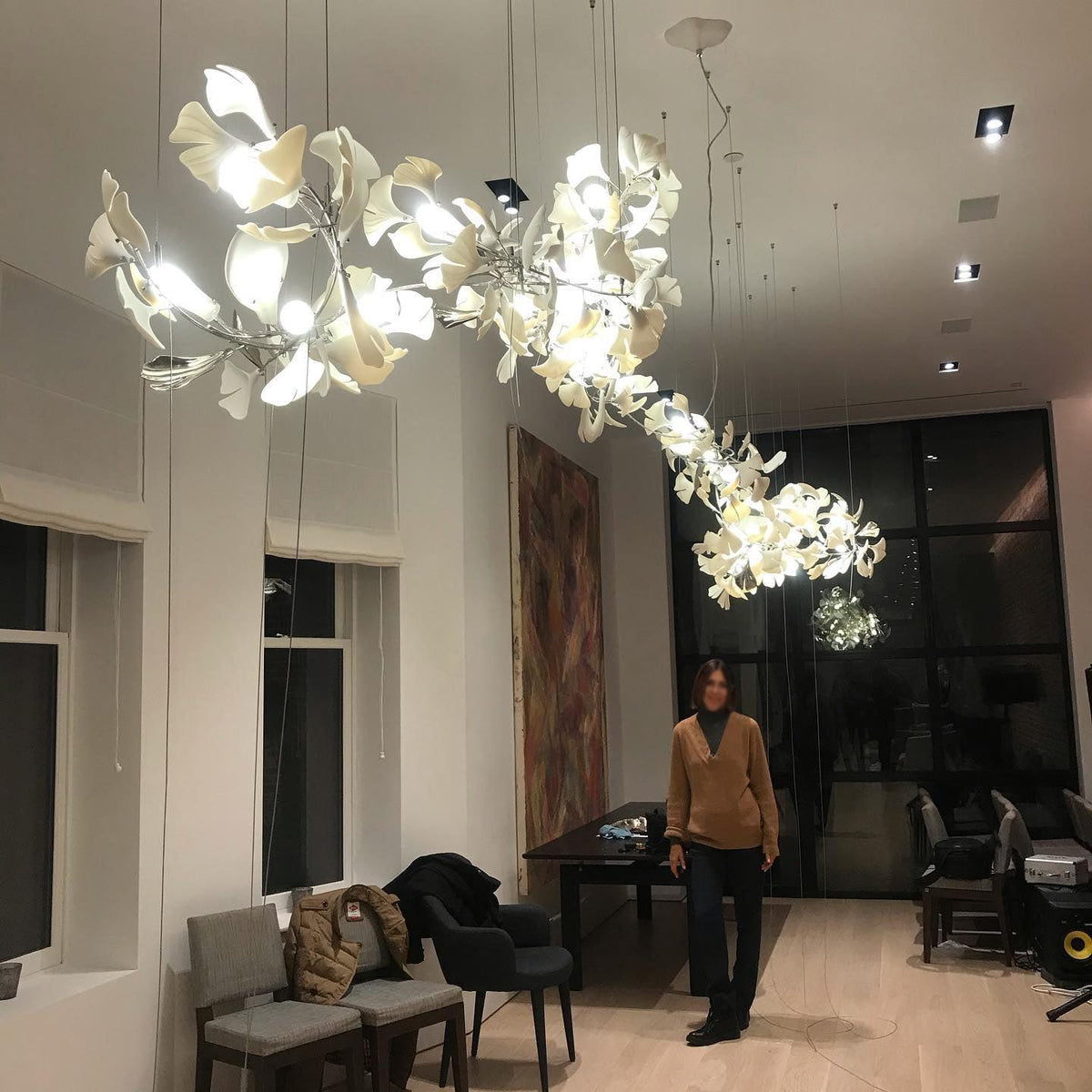 Calix Chandelier Frame Ceramic Gingko Leaf Shade White Gold Modern
