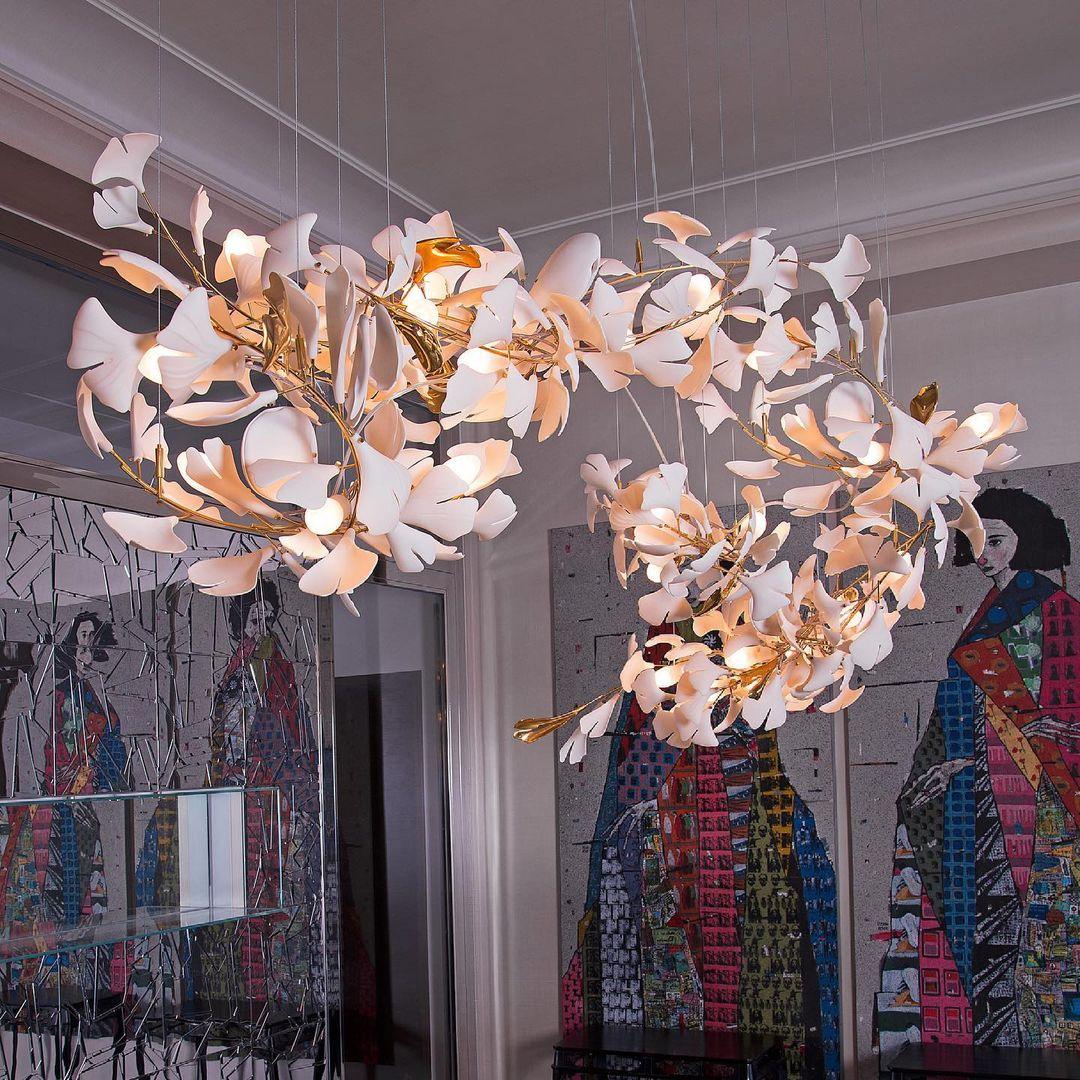 Calix Chandelier Frame Ceramic Gingko Leaf Shade White Gold Modern