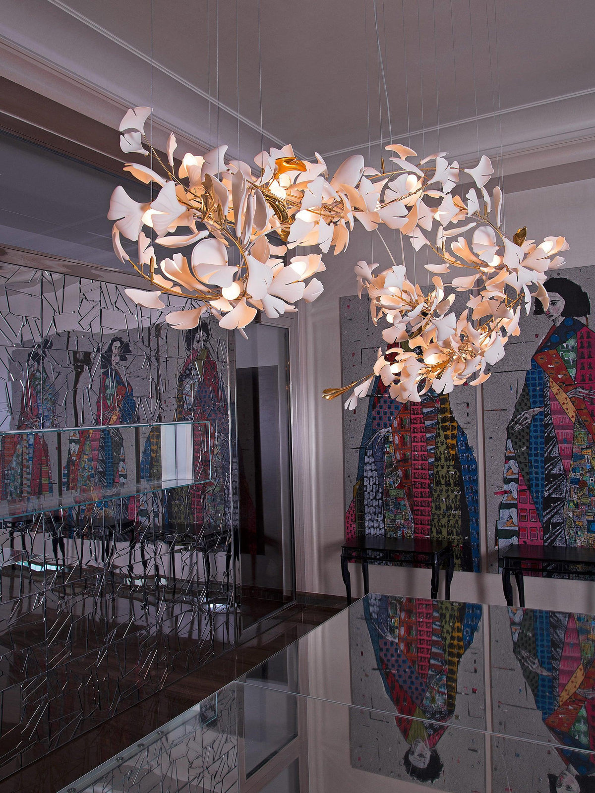 Calix Chandelier Frame Ceramic Gingko Leaf Shade White Gold Modern