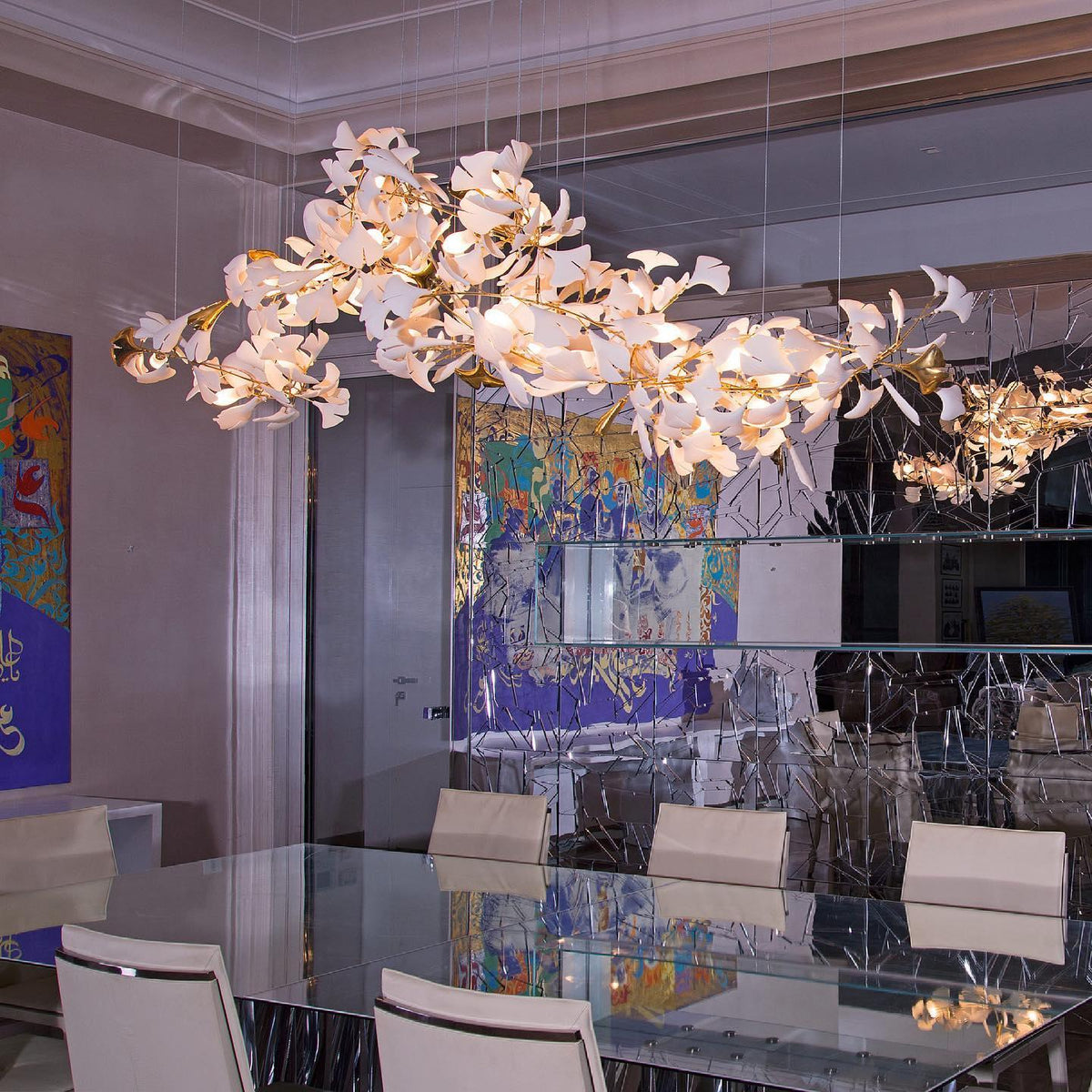 Calix Chandelier Frame Ceramic Gingko Leaf Shade White Gold Modern