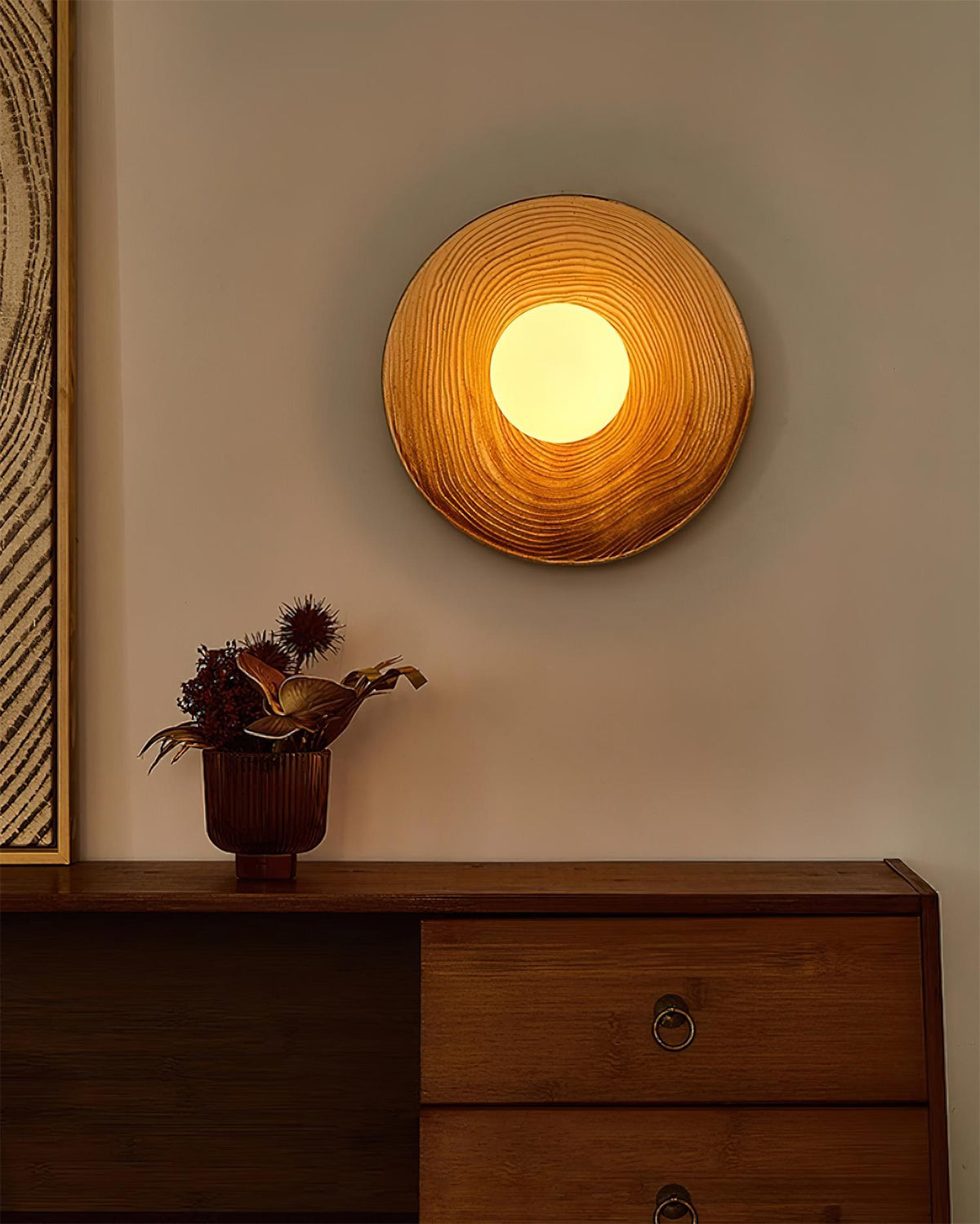 Wall Lamp Textured Ceramic Disc Wood Accent Modern Entryways