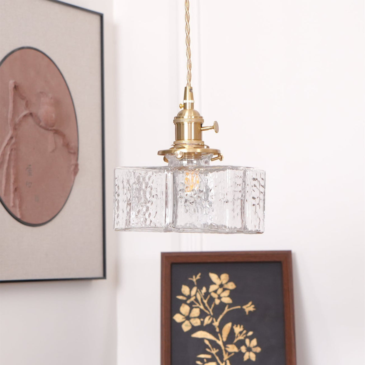Moginad Vintage Glass Brass Hammered Pendant Light