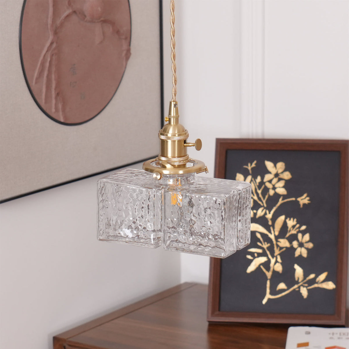 Moginad Vintage Glass Brass Hammered Pendant Light