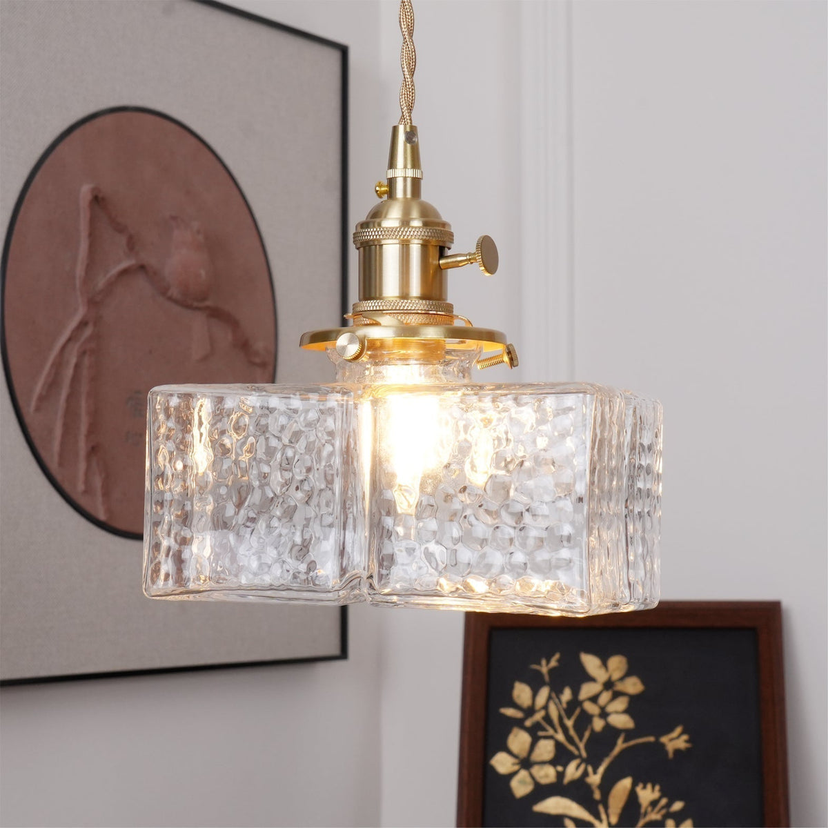 Moginad Vintage Glass Brass Hammered Pendant Light