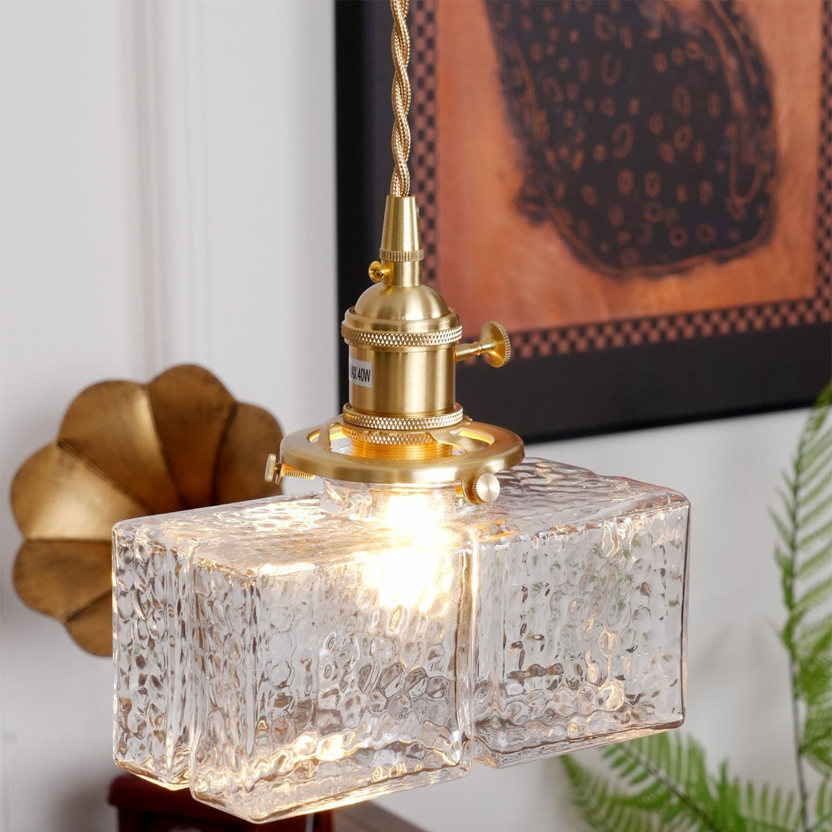 Moginad Vintage Glass Brass Hammered Pendant Light