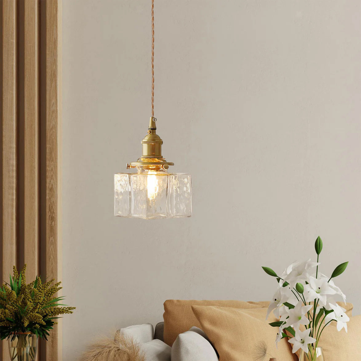 Moginad Vintage Glass Brass Hammered Pendant Light
