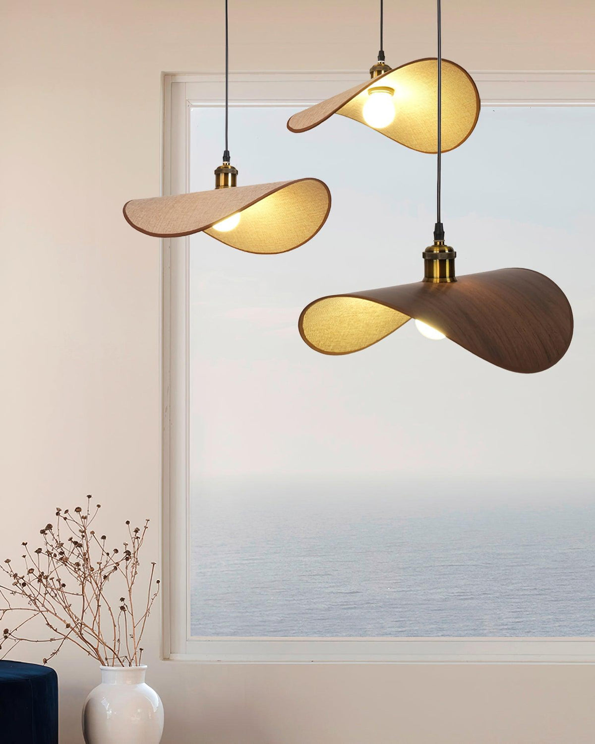 Mirelle Pendant Lamp Linen Fabric Shade Wood Minimalist
