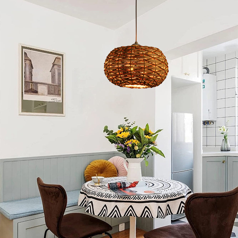 Fosolir Boho Retro LED Pendant Light Wood Rattan Bedroom/Restaurant