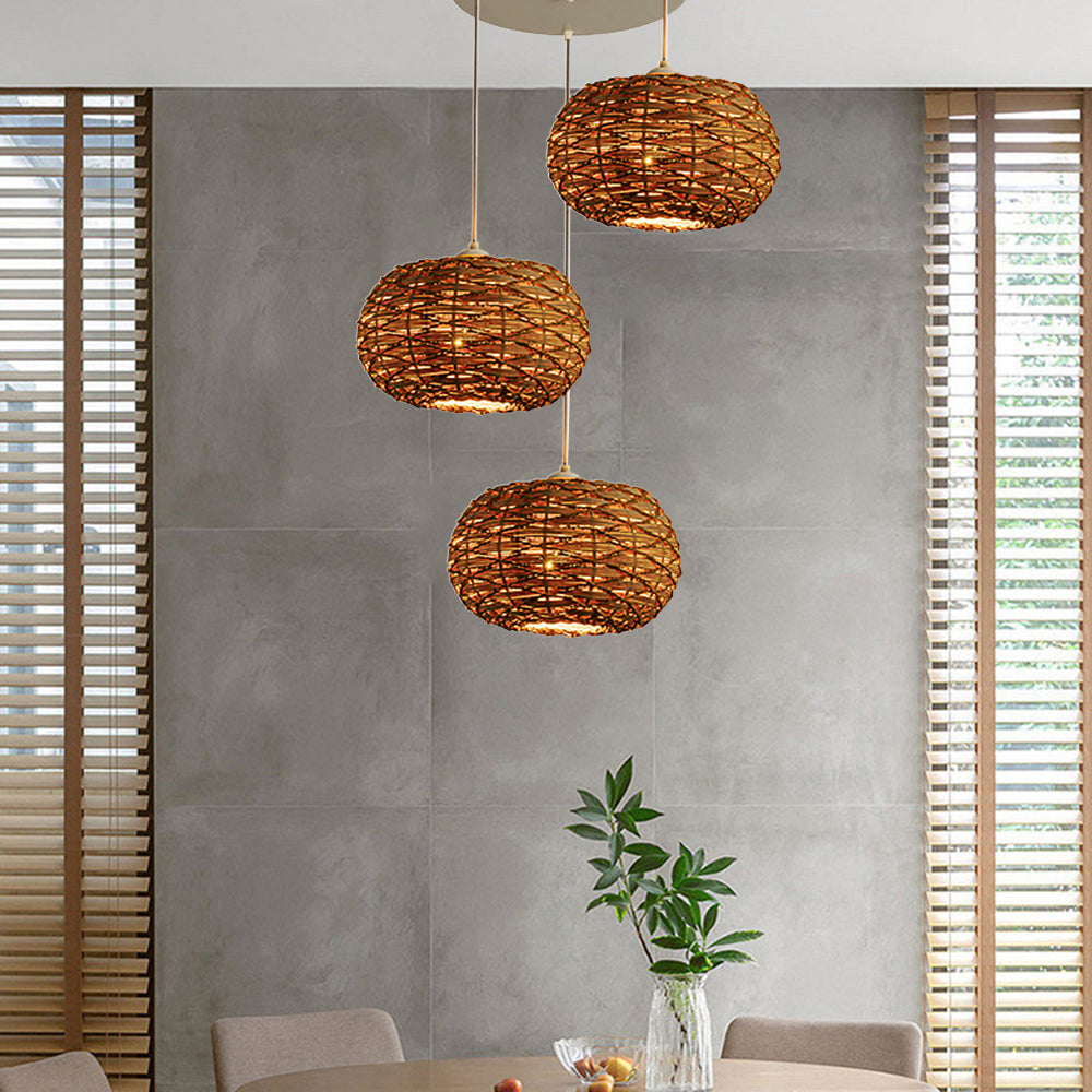Fosolir Boho Retro LED Pendant Light Wood Rattan Bedroom/Restaurant