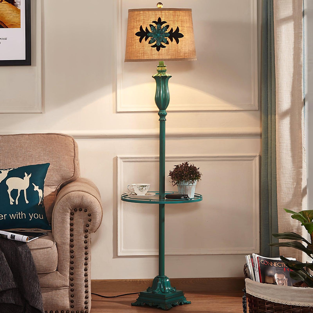 Kodapun Floor Lamp Table Vintage, Metal/Resin, Green, Living Room