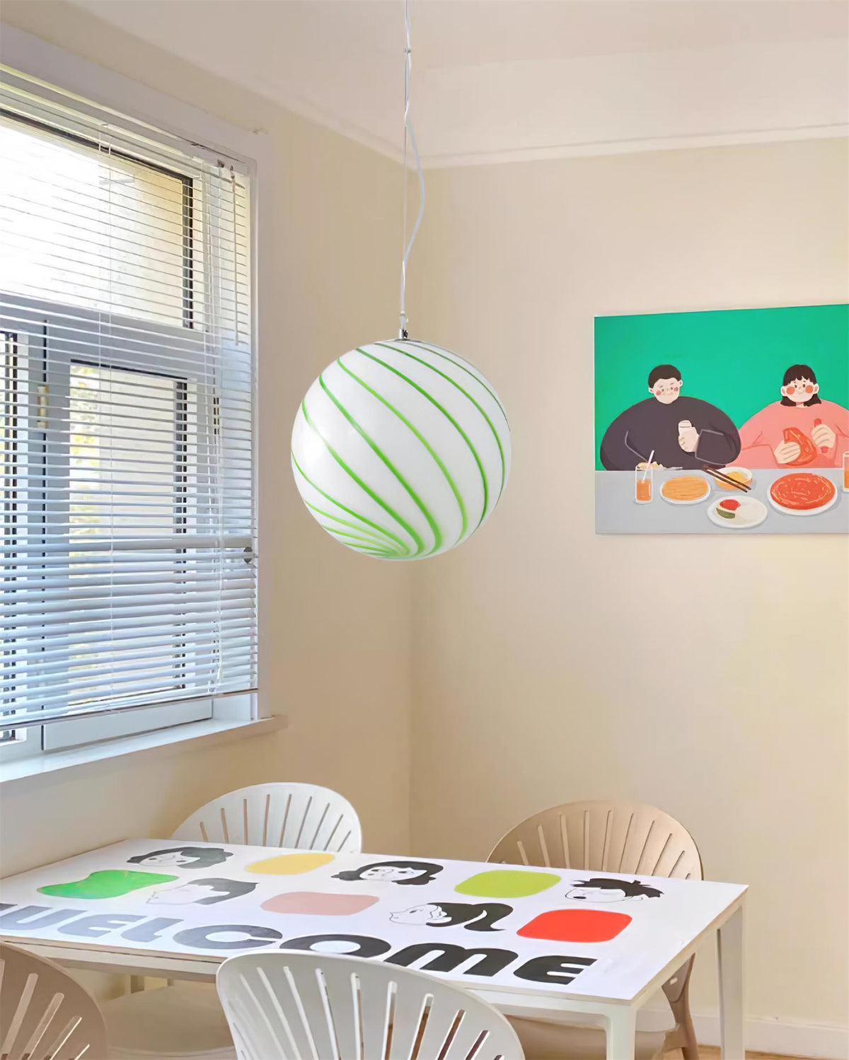 Kairo Pendant Lamp Glass Globe Light with Green Swirl Stripes
