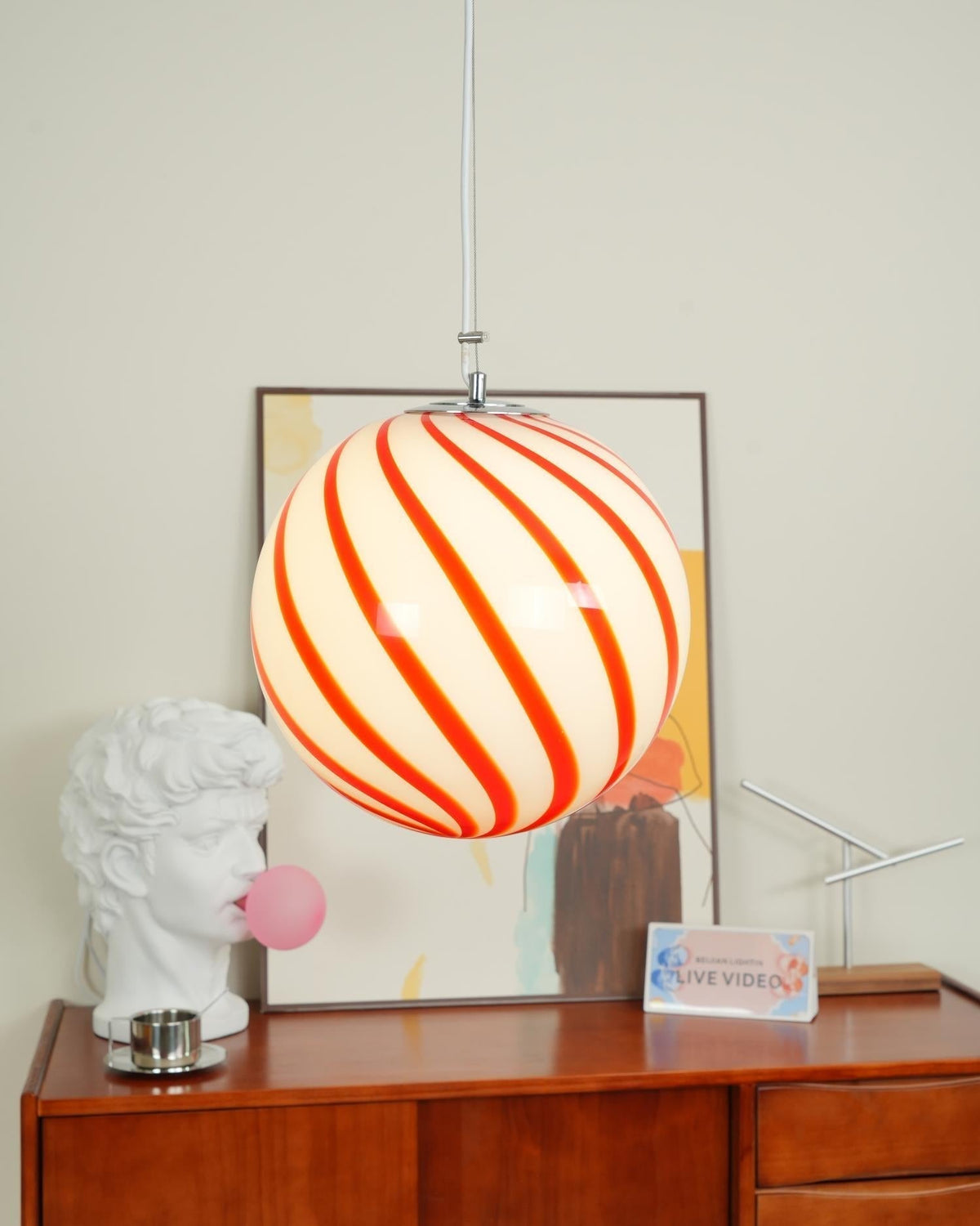 Kairo Pendant Lamp Glass Globe Light with Green Swirl Stripes
