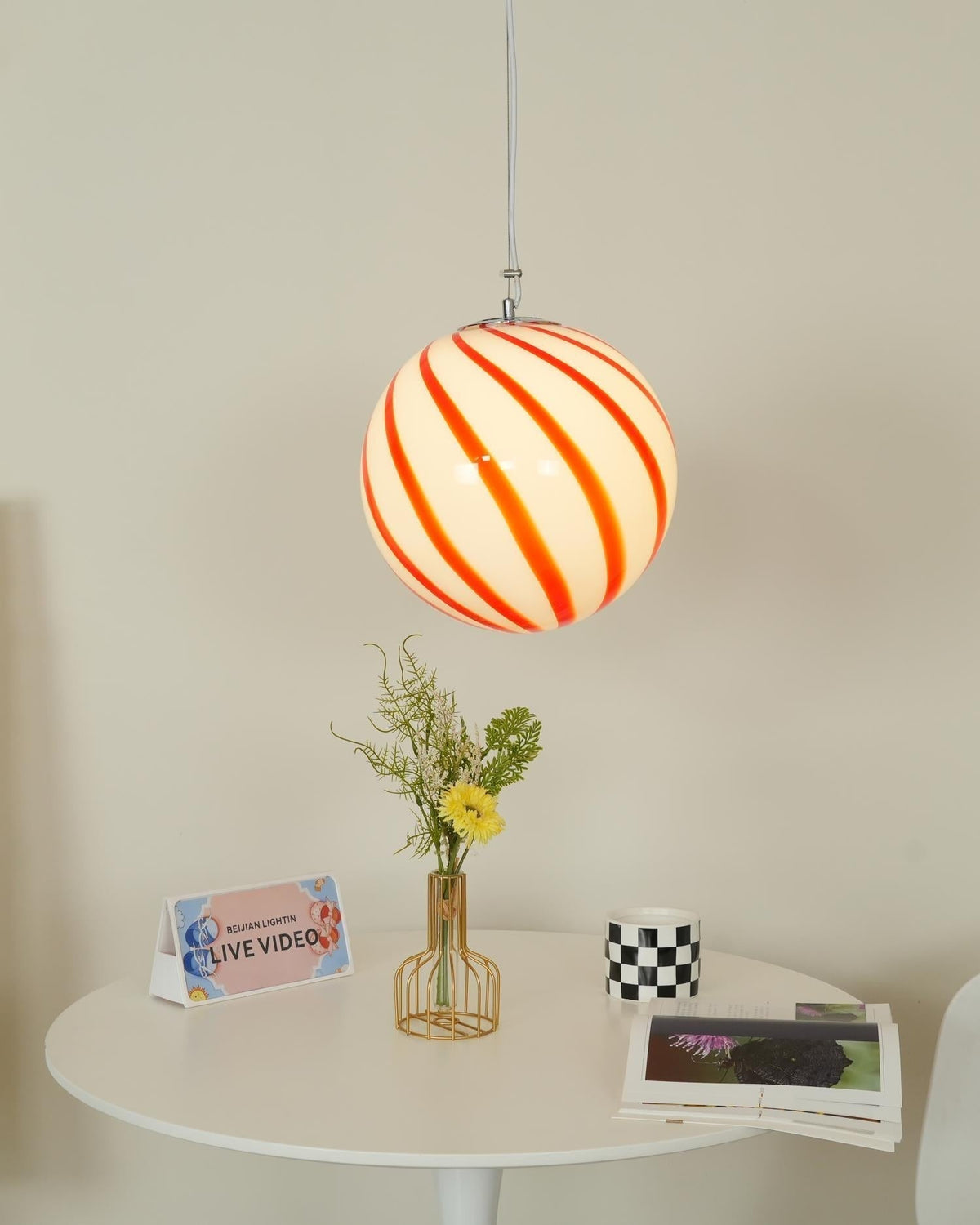 Kairo Pendant Lamp Glass Globe Light with Green Swirl Stripes