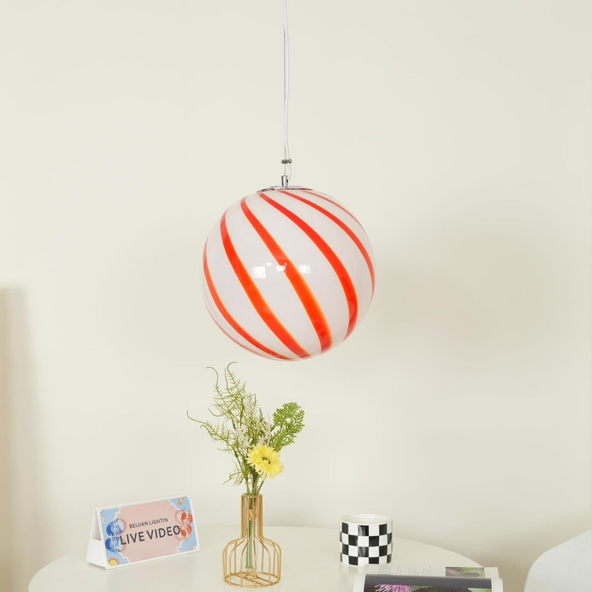 Kairo Pendant Lamp Glass Globe Light with Green Swirl Stripes