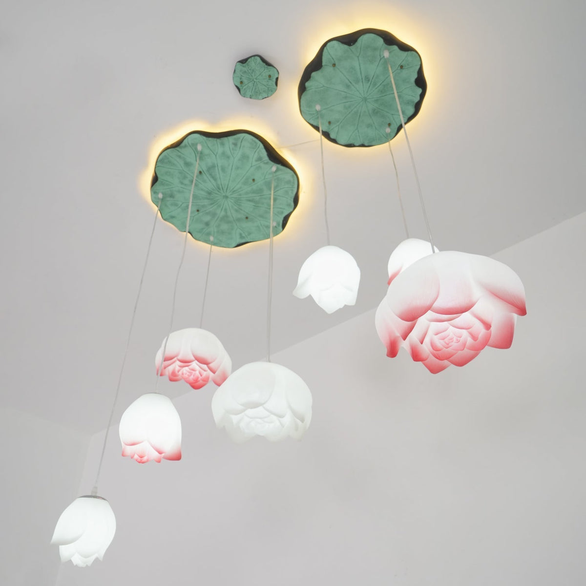 Rivinira Chandelier Lotus Floral Pendant Pink White 7-Light
