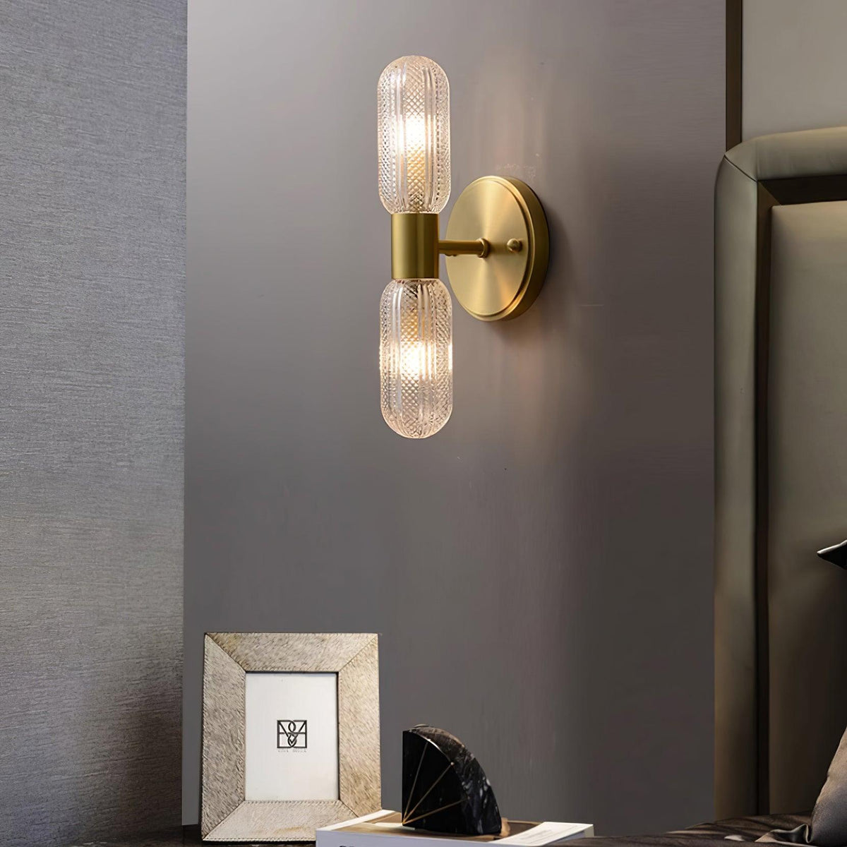 Eira Brass and Textured Glass Double Light Wall Sconce