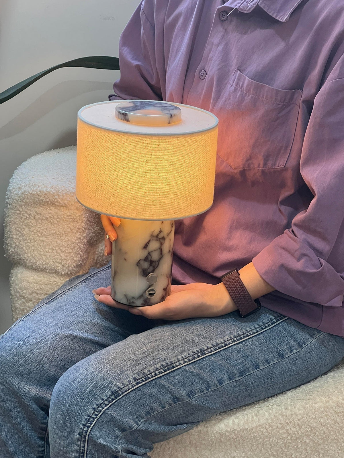 Kalvy Cylindrical  Travertine Marble Table Lamp