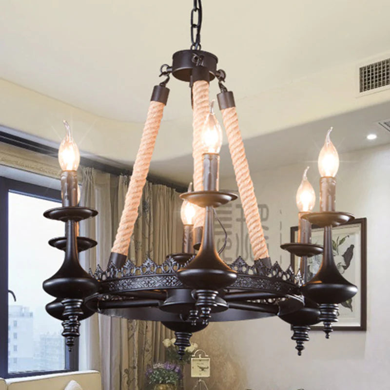 Ripigod Retro Candle Chandelier Black Metal/Rope Restaurant/Bar