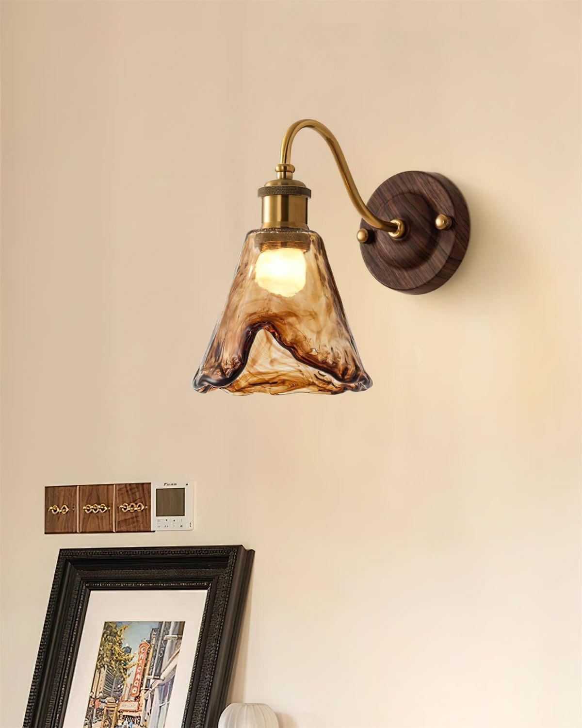 Nalia Wall Lamp Amber Glass Walnut Gold Vintage