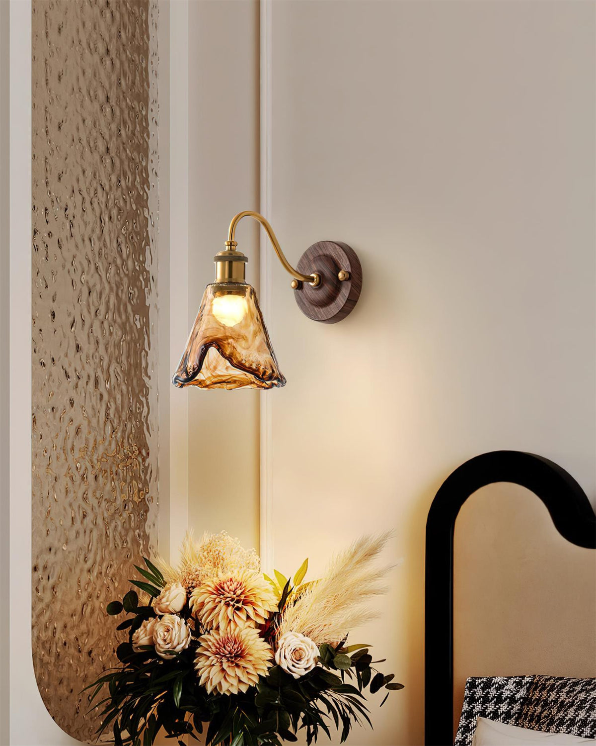 Nalia Wall Lamp Amber Glass Walnut Gold Vintage