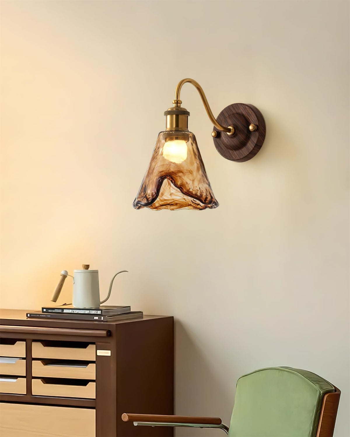 Nalia Wall Lamp Amber Glass Walnut Gold Vintage