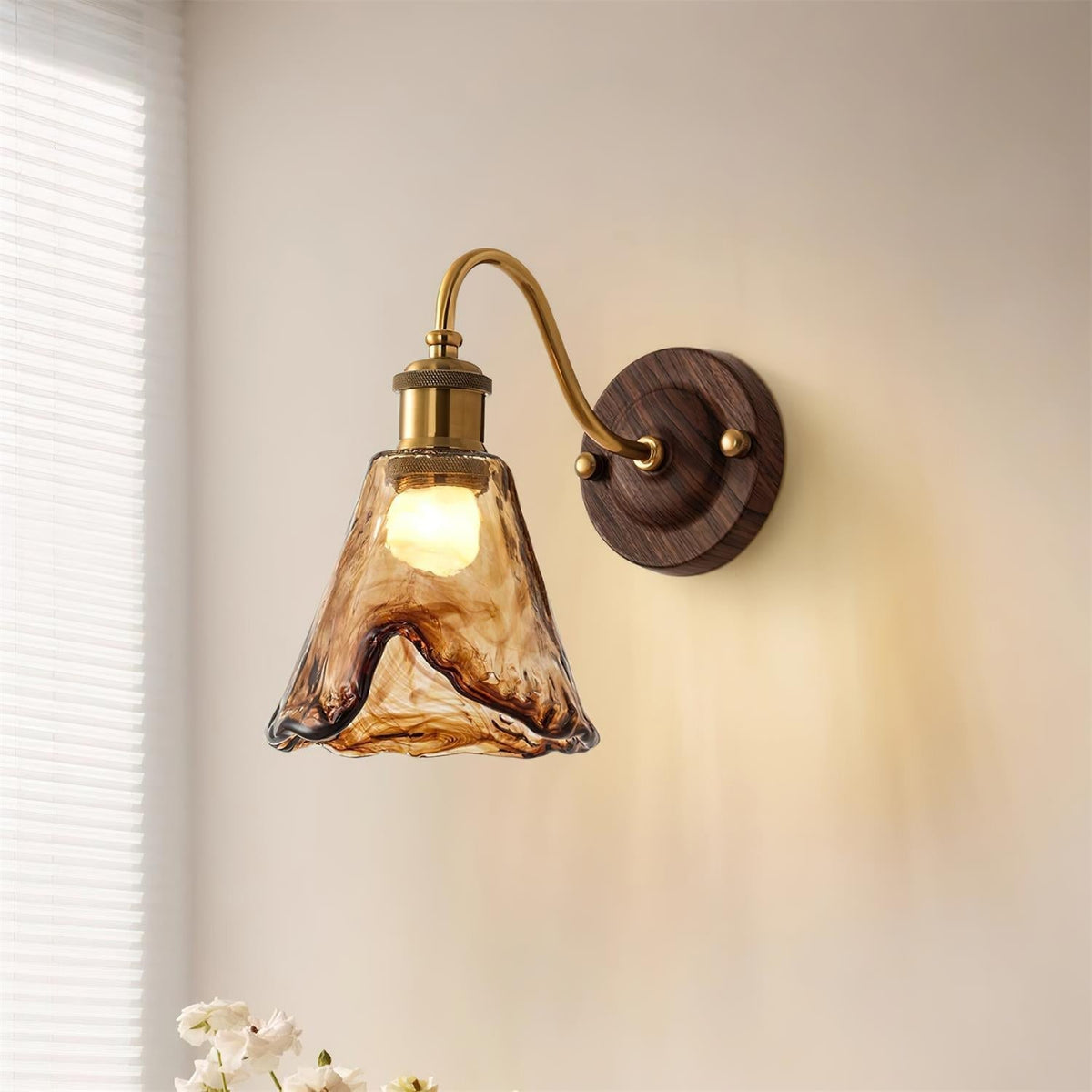 Nalia Wall Lamp Amber Glass Walnut Gold Vintage