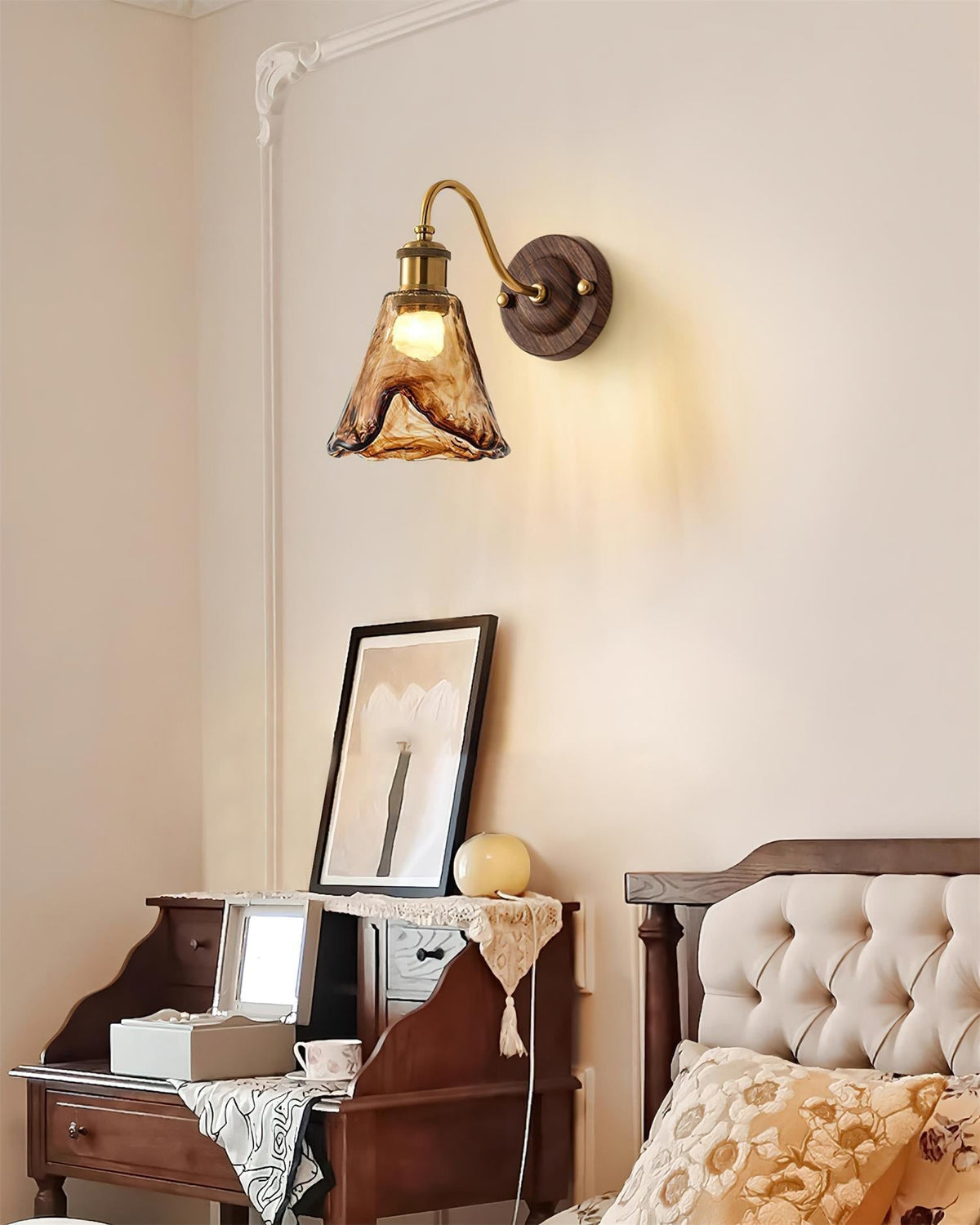 Nalia Wall Lamp Amber Glass Walnut Gold Vintage
