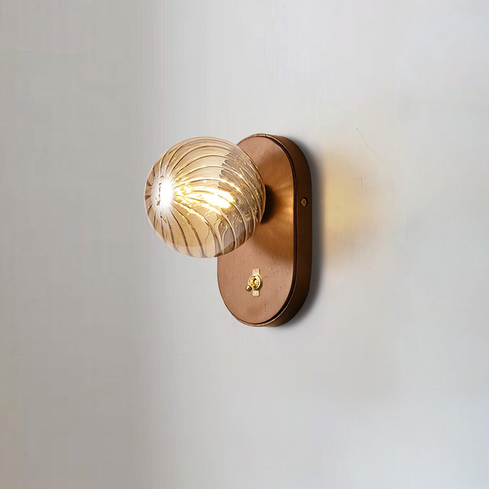 Wall Lamp Wood Body Amber Ribbed Glass Globe Walnut Color Modern Accent